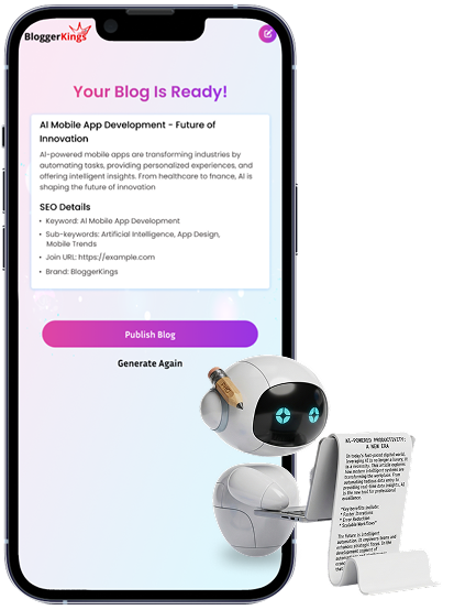 BloggerKings 'Your Blog Is Ready' screen with AI assistant